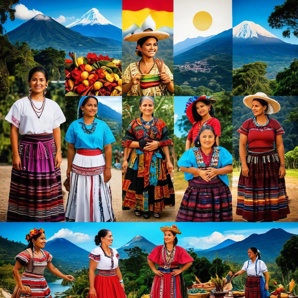 A vibrant collage depicting a diverse group of people engaged in cultural activities, showcasing Guatemalan traditional clothing, artisan crafts, and local food. Include symbols of international unity like flags or hands joining together, set against a backdrop of Guatemala's lush landscapes and historical landmarks. Emphasize warmth, connection, and vibrant community spirit. 3D. vibrant colors.