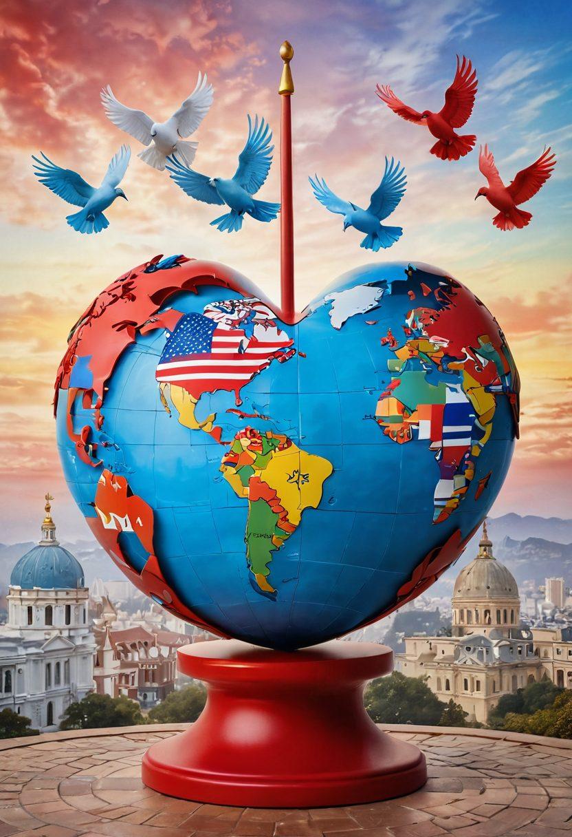 A heart-shaped globe symbolizing love intertwined with diplomatic symbols like flags and peace doves. In the background, various cultural landmarks representing heritage, softly blurred to evoke nostalgia. The color palette blends warm reds and soft blues to highlight passion and harmony. super-realistic. vibrant colors.