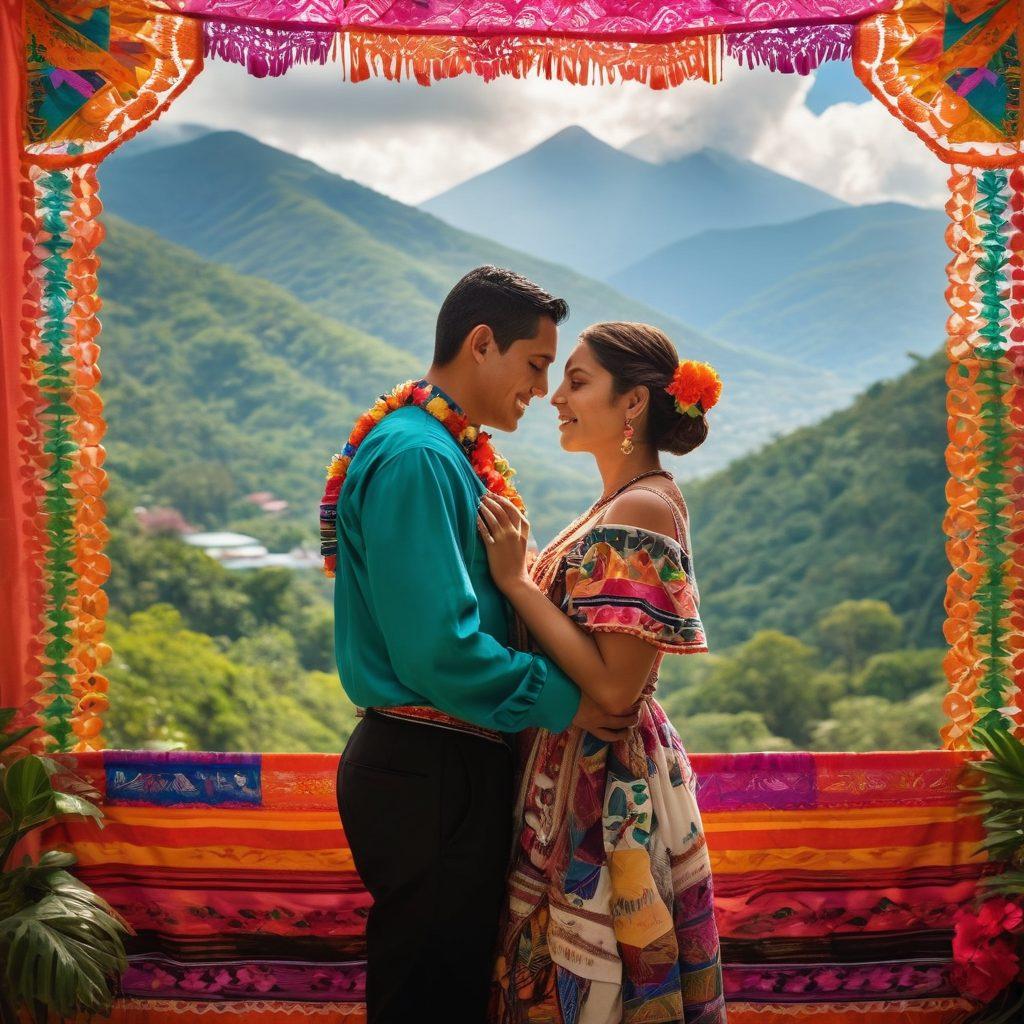 A couple in traditional Guatemalan attire, surrounded by vibrant textiles and cultural artifacts, sharing a tender moment under a colorful papel picado banner. The backdrop features lush green mountains, illustrating the beauty of Guatemala's landscape. Soft, warm lighting enhances the romantic atmosphere, while elements of dance and music subtly emerge around them. Super-realistic. Vibrant colors. Natural elements.